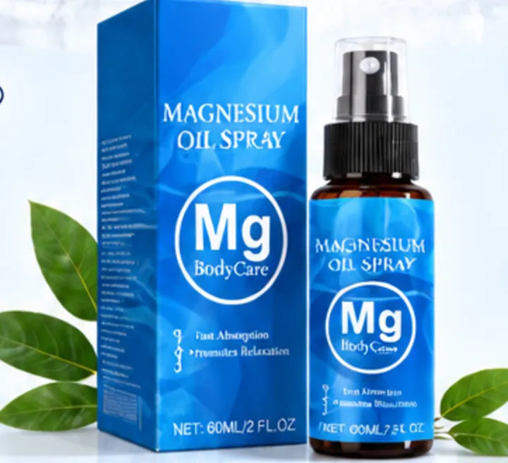 Mg BodyCare Magnesium Oil Spray box and bottle with green leaves