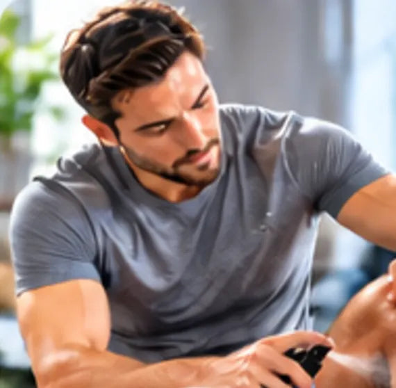 Man applying magnesium spray to his leg after exercise