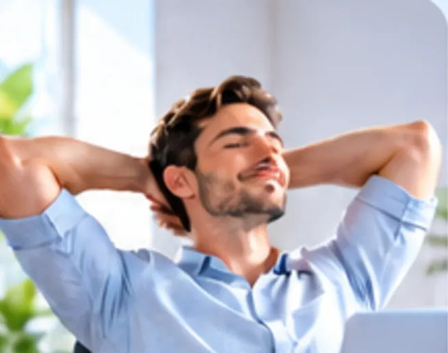 Man stretching and relaxing at his desk